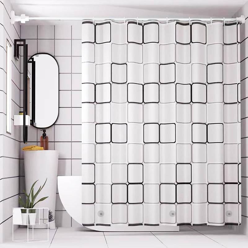 TIKABC Shower Curtain Liner, 4G PEVA Shower Liner, Plastic Waterproof Shower Curtains, with Grommet Holes and 3 Magnetic Weights(Black White Big Square) - Image 1